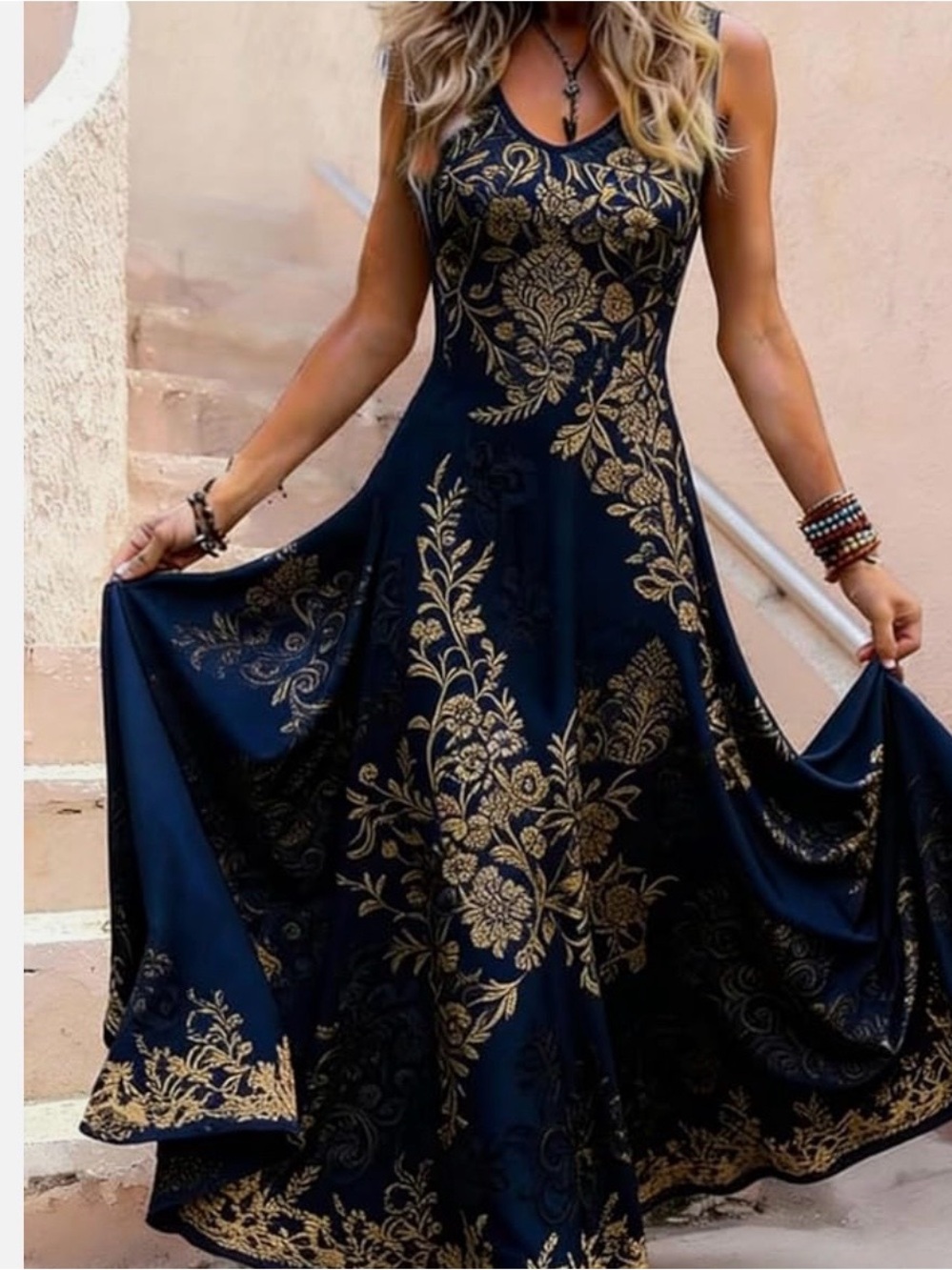 Sleeveless Navy Blue Maxi Dress with Gold Floral Print new xl only size
